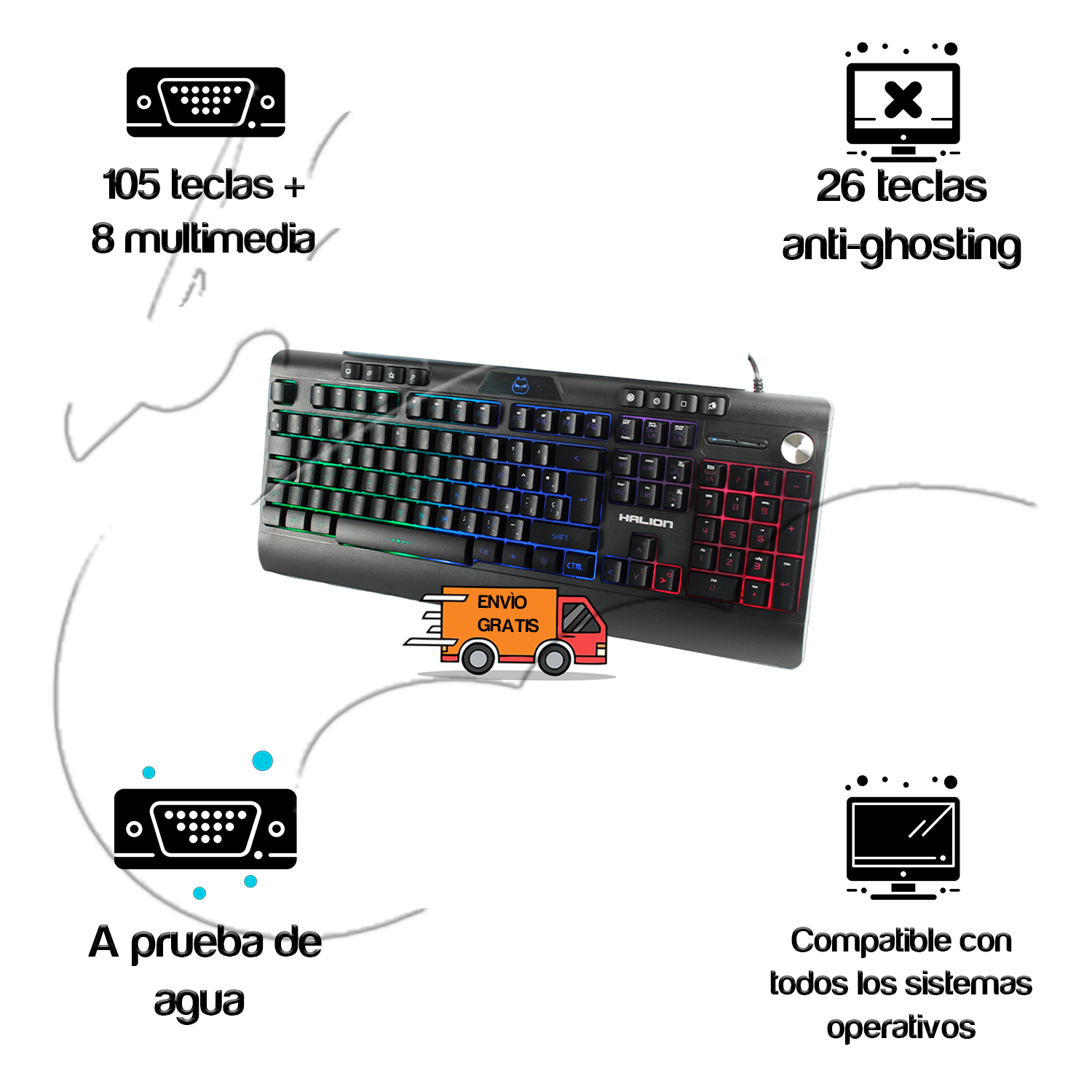 TECLADO GAMER HALION OPTIMOS HA-K807 RAINBOW