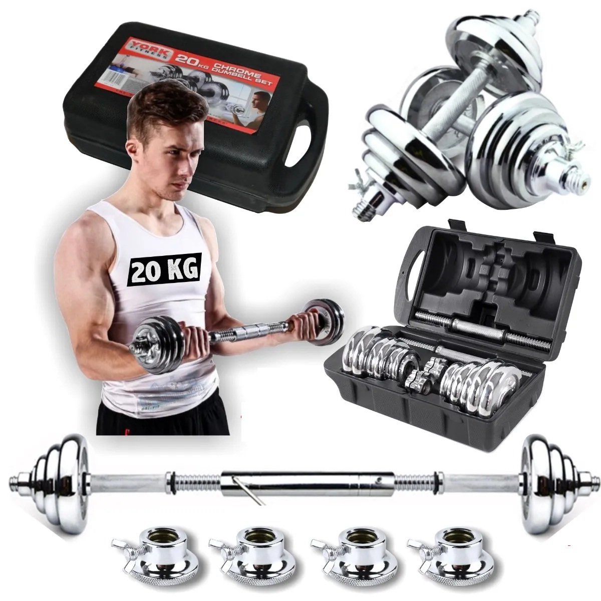 BODY FLEX SET DE PESAS 20 KG + MANCUERNAS + ADAPTADOR + MALETÍN