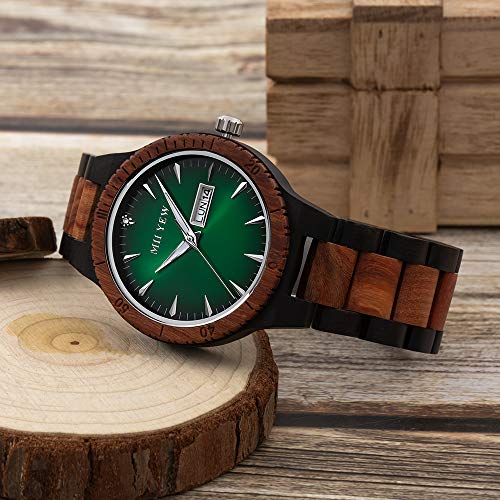 MII YEW RELOJ DE MADERA PARA HOMBRE LIGERO ANALÓGICO CUARZO HECHO A MANO DE MADERA ESFERA VERDE CON FECHA