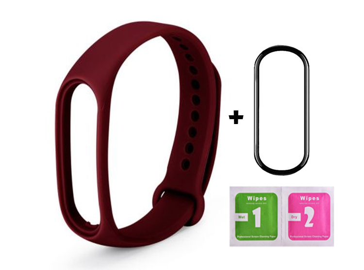 CORREA SILICONA + MICA DE VIDRIO 9H PARAXIAOMI MI BAND 5 - GUINDA