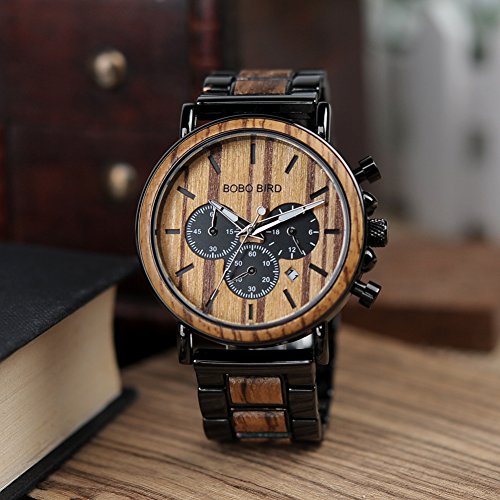 BOBO BIRD - RELOJ DE PULSERA PARA HOMBRE CON GRABADO PERSONALIZADO DE MADERA Y ACERO INOXIDABLE COMBINADO DE CUARZO