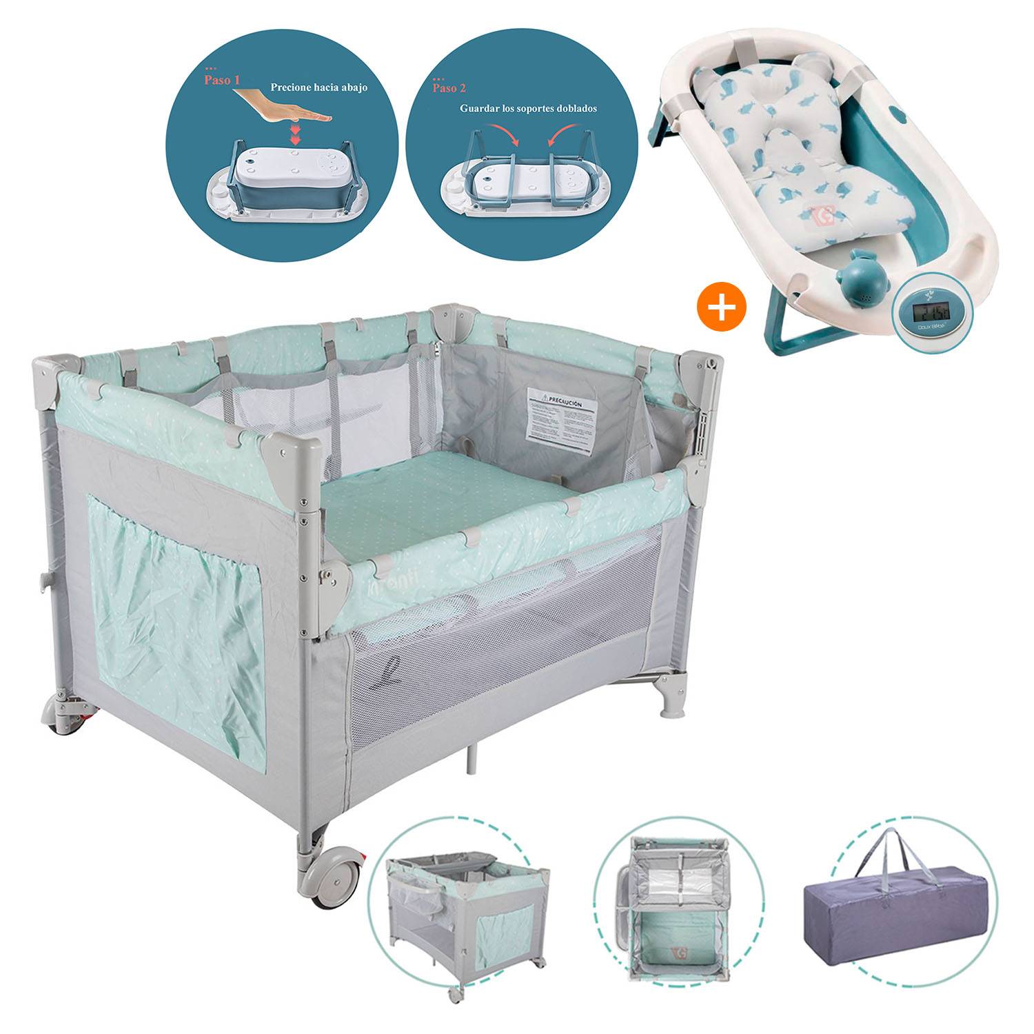 CUNA CORRAL INFANTI ALWAYS TOGETHER MINT CON TINA DE BAÑO PLEGABLE AZUL