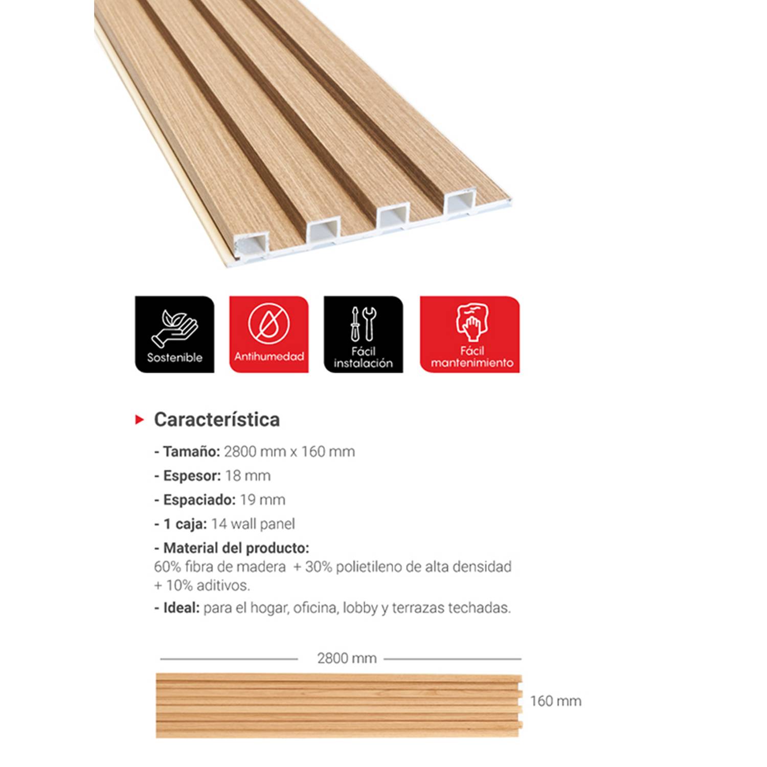 WPC WALL PANEL POR DE CAJA 14 UND COLOR ROBLE