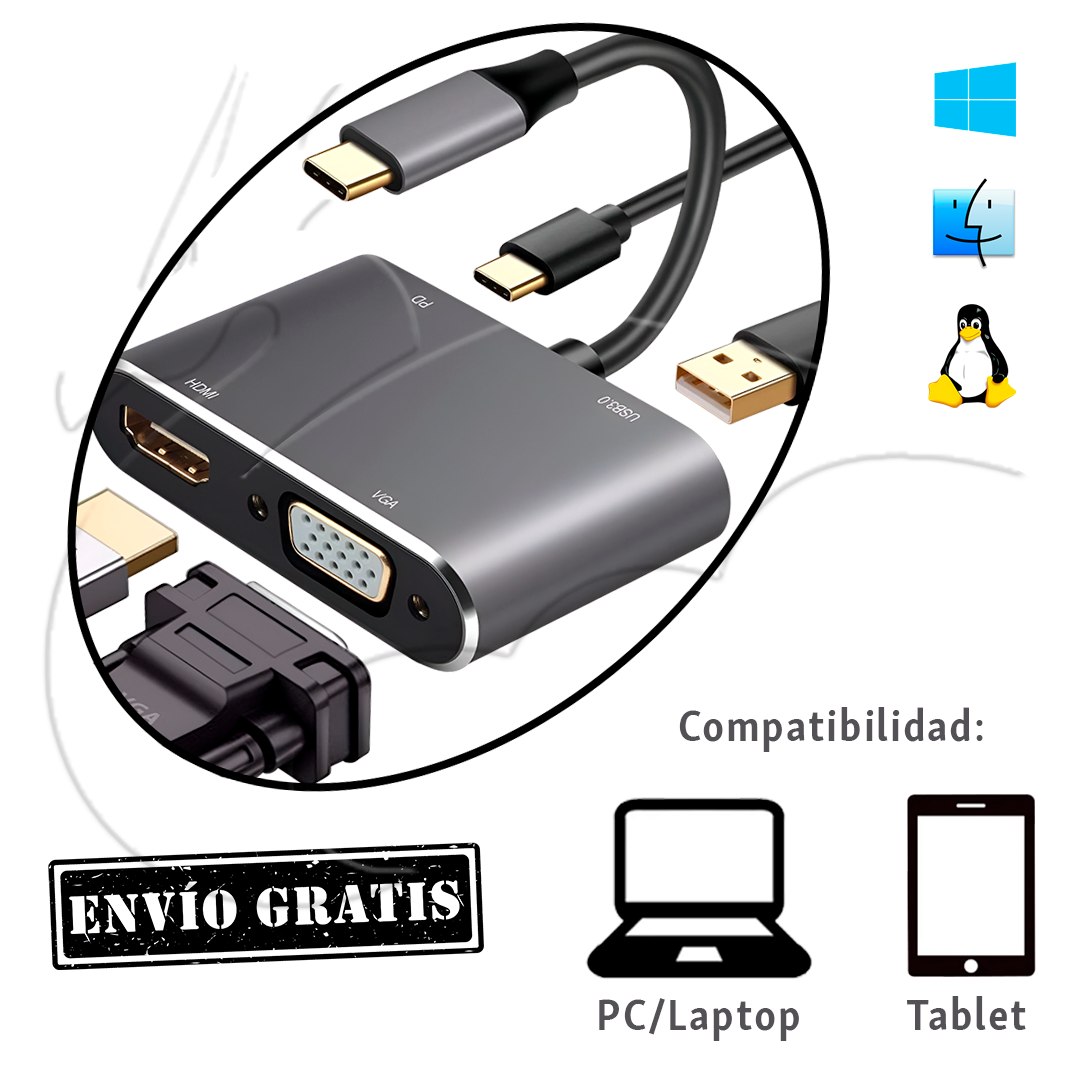 CABLE ADAPTADOR TIPO C A - VGA + HDMI + USB 3.1 + USB C.