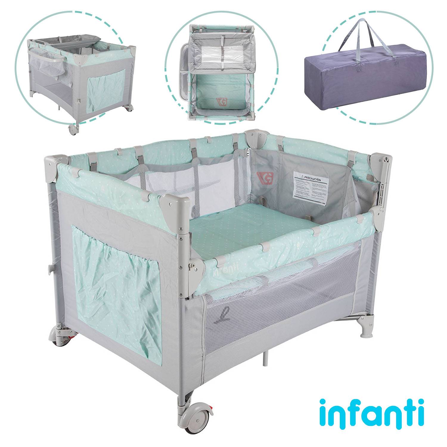 CUNA CORRAL INFANTI ALWAYS TOGETHER MINT CON TINA DE BAÑO PLEGABLE AZUL