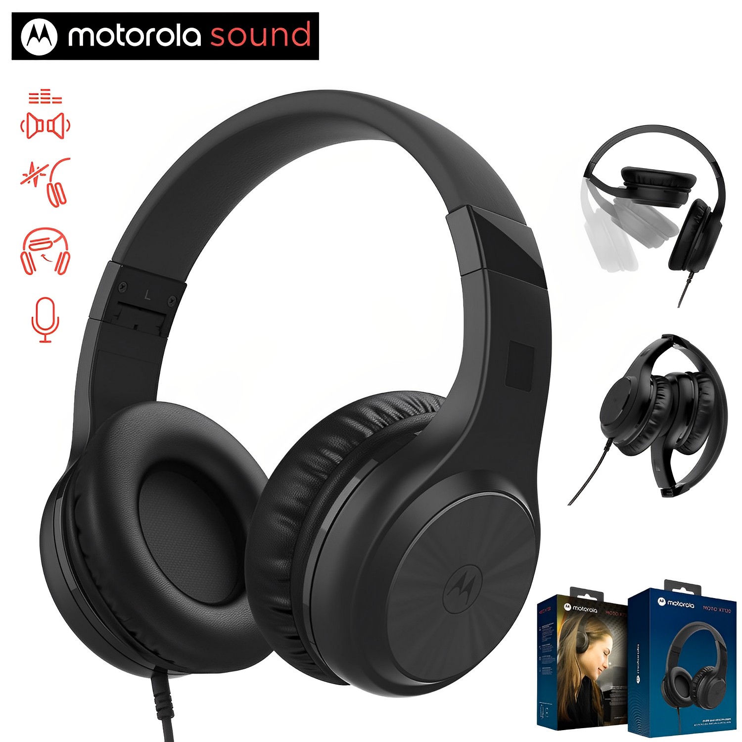 AURICULARES CON CABLE MOTOROLA XT120 CON MICRÓFONO, CONTROL EN LÍNEA PARA LLAMADAS, PLEGABLE C/NEGRO.