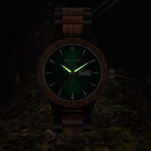 MII YEW RELOJ DE MADERA PARA HOMBRE LIGERO ANALÓGICO CUARZO HECHO A MANO DE MADERA ESFERA VERDE CON FECHA