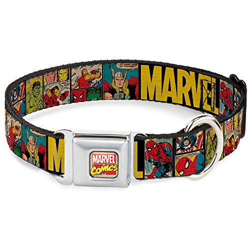 COLLAR DE PERRO CON HEBILLA PARA CINTURÓN DE SEGURIDAD PANELES DE CÓMIC RETRO DE MARVEL NEGRO Y AMARILLO