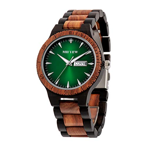 MII YEW RELOJ DE MADERA PARA HOMBRE LIGERO ANALÓGICO CUARZO HECHO A MANO DE MADERA ESFERA VERDE CON FECHA