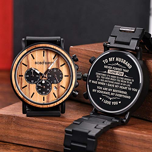 BOBO BIRD - RELOJ DE PULSERA PARA HOMBRE CON GRABADO PERSONALIZADO DE MADERA Y ACERO INOXIDABLE COMBINADO DE CUARZO