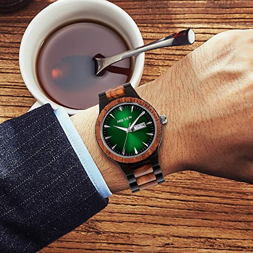 MII YEW RELOJ DE MADERA PARA HOMBRE LIGERO ANALÓGICO CUARZO HECHO A MANO DE MADERA ESFERA VERDE CON FECHA