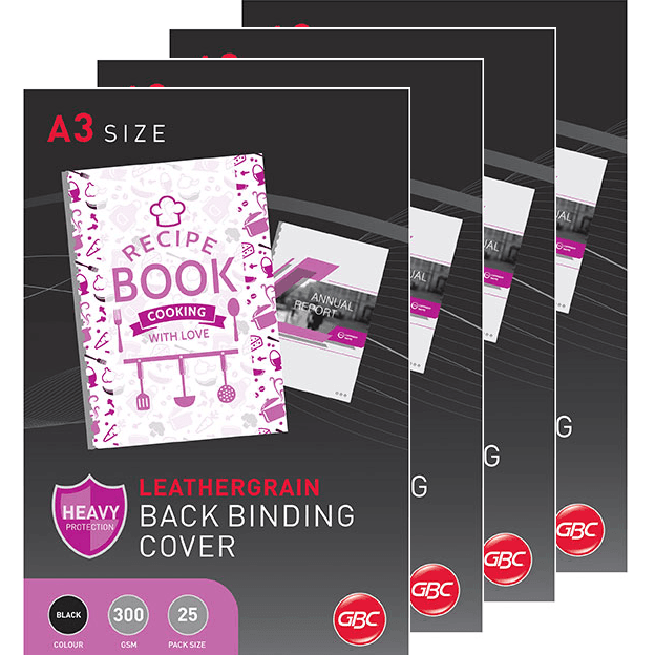 GBC  Ibico Binding Cover Leathergrain 300GSM A3 Black 4 Pack 25 Sheets