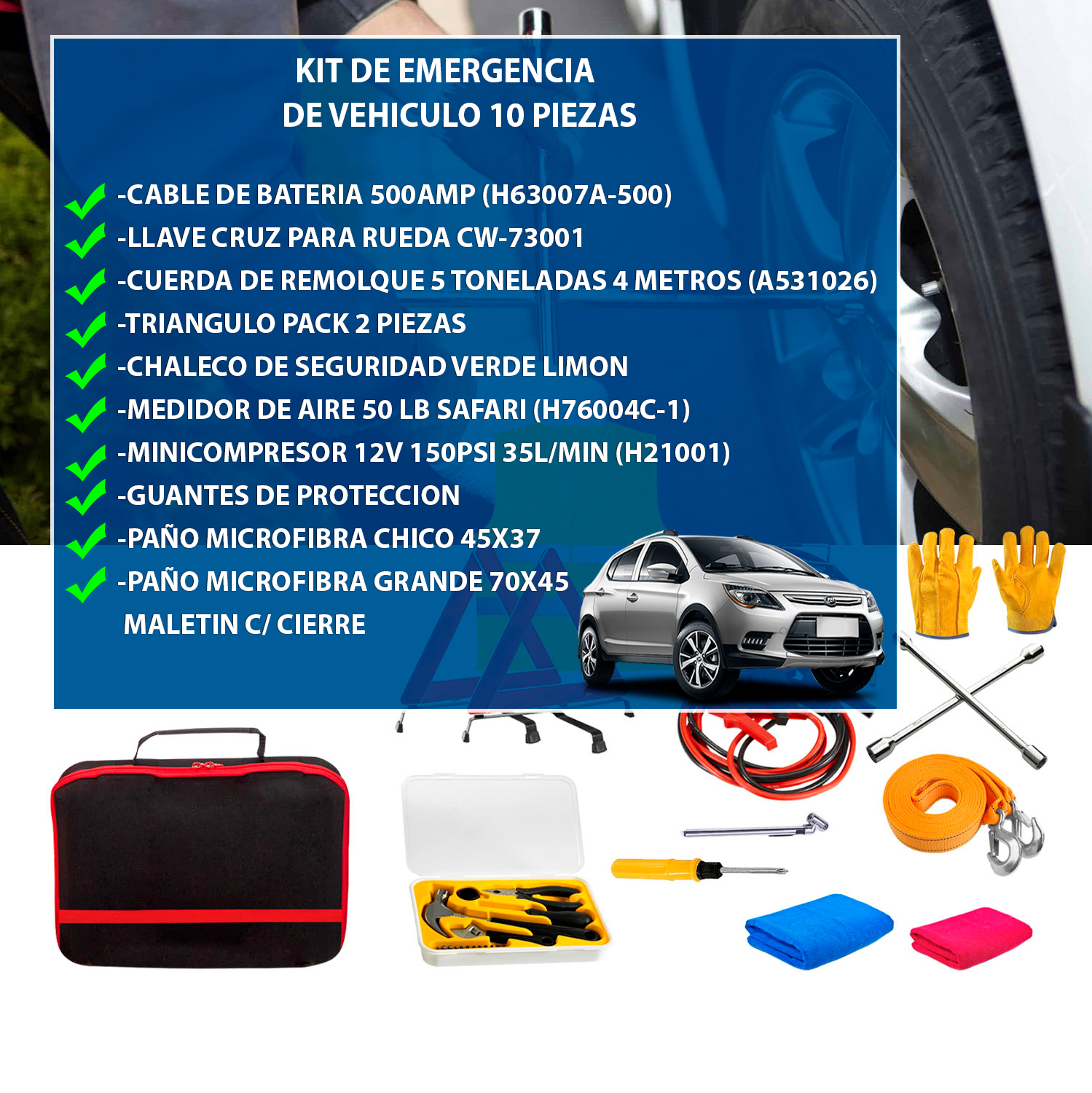 KIT EMERGENCIA VEHICULO 10 PIEZAS