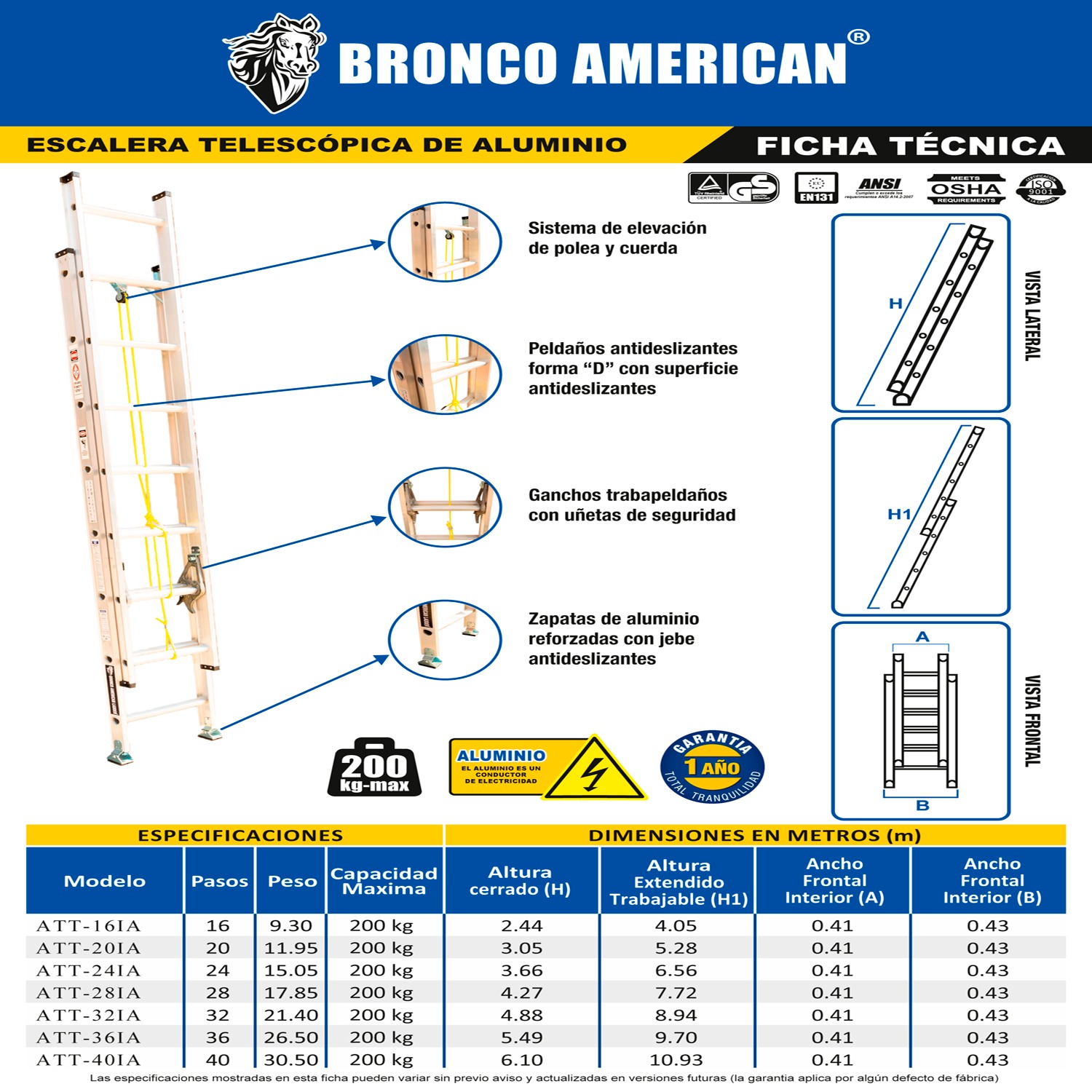 ESCALERA ALUMINIO PROFESIONAL TELESCOPICA DE 20 PASOS CAPACIDAD DE CARGA 200 KG - BRONCO AMERICAN
