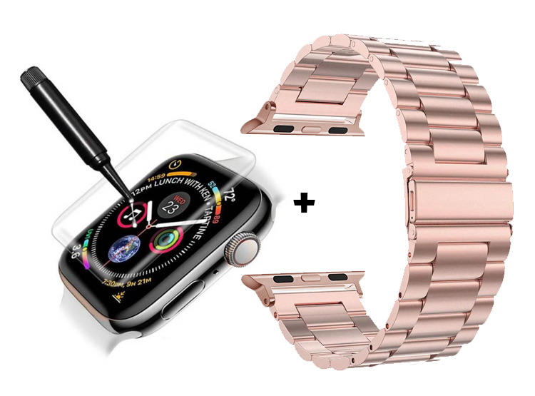 CORREA METALICA ESLABON PARA APPLE WATCH 44MM PINK + MICA UV COMPLETA