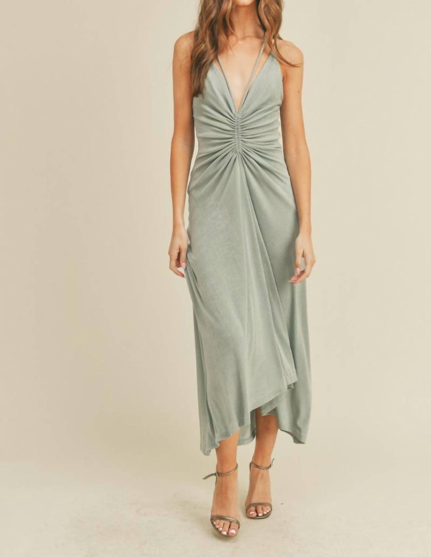 Mable All The Drama Ruched Halter Midi Dress In Minty Grey