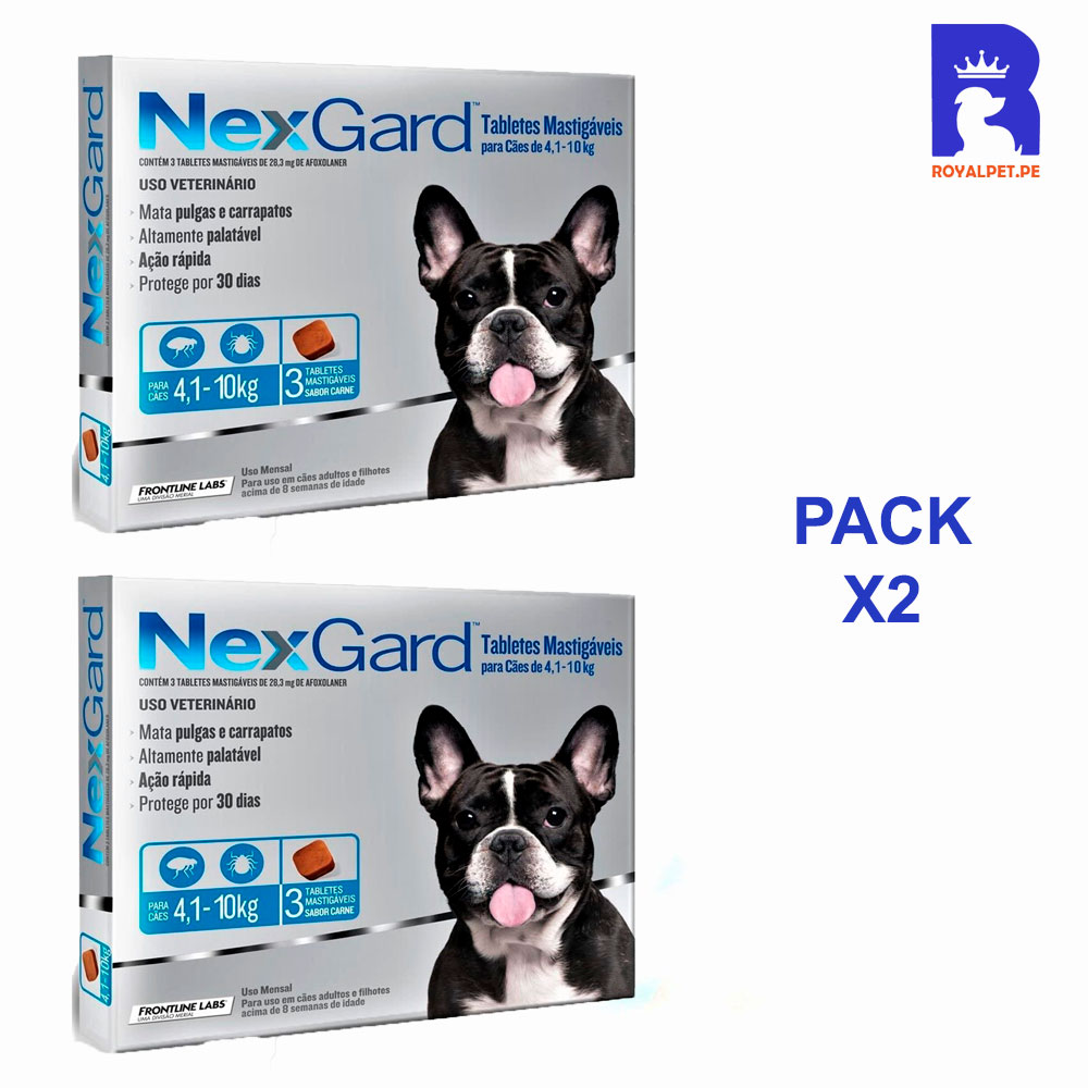 ANTIPULGAS PARA PERRO NEXGARD 4 A 10 KG 28.3 MG X3 TABLETAS PACK X2 CAJAS