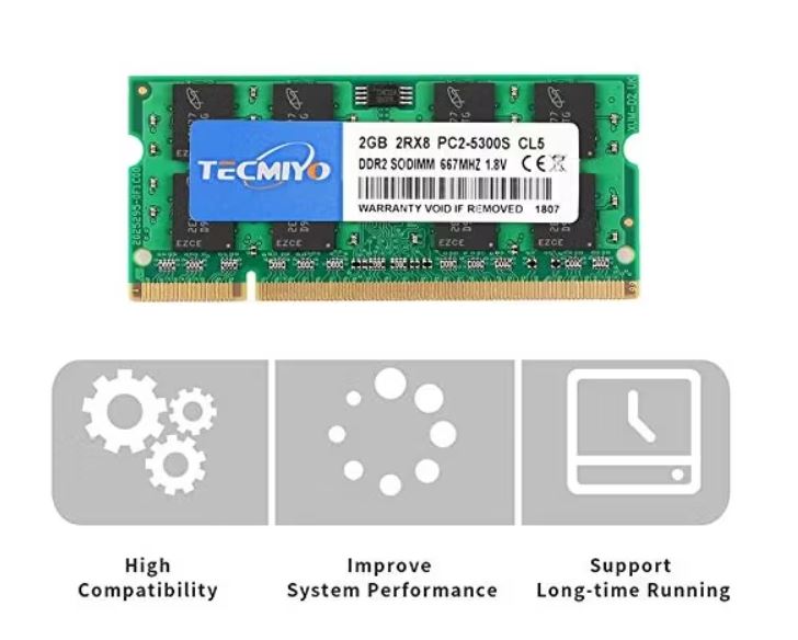 TECMIYO 4 GB KIT (2 X 2 GB) DDR2 SODIMM 667 MHZ PC2-5300 PC2-5300S NO ECC SIN BÚFER 1.8V CL5 2RX8 DUAL RANK 200 PIN