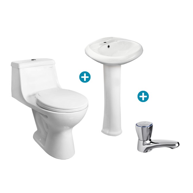 JUEGO DE BAÑO ONE PIECE BUZIOS + LAVATORIO + PEDESTAL + LLAVE BARU ITALGRIF