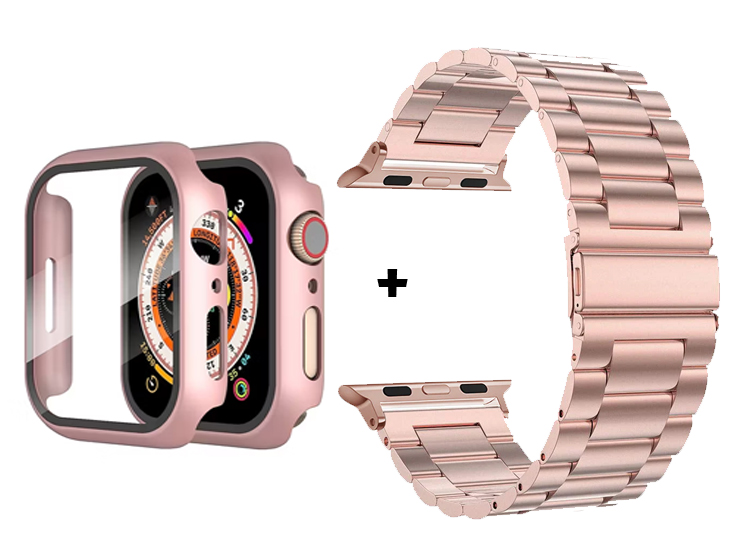 CORREA METALICA ESLABON PARA APPLE WATCH 42MM + BUMPER CON VIDRIO - ROSA