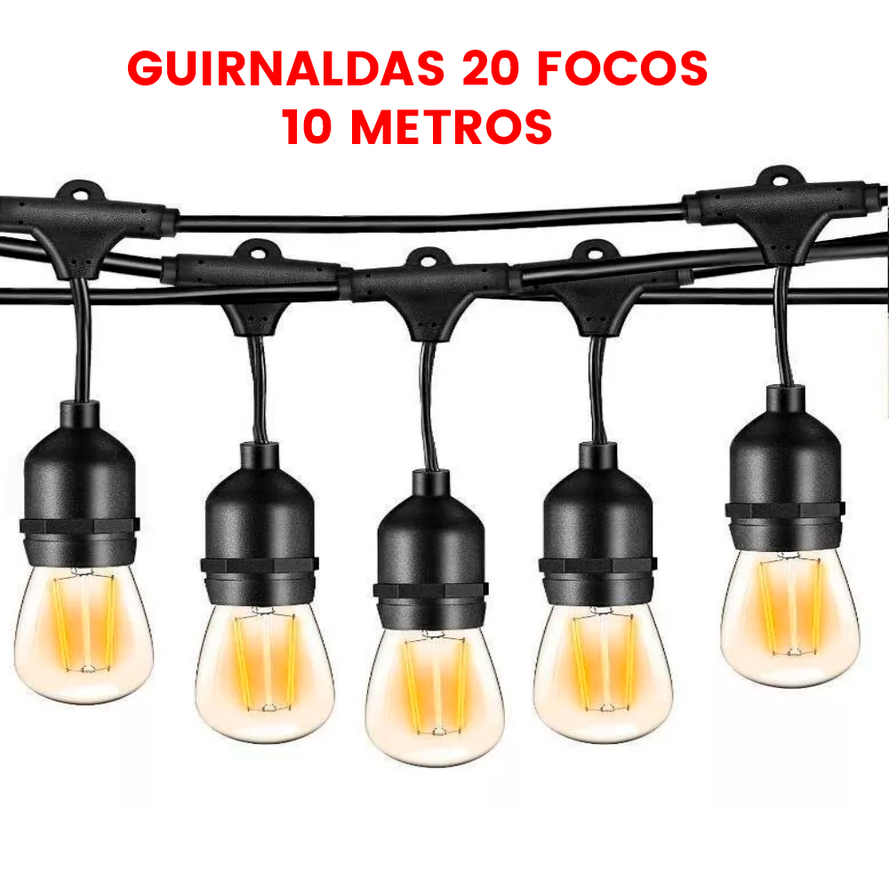 GUIRNALDAS LUCES VINTAGE 20 FOCOS LED DECORACIÓN HOGAR Y EXTERIOR 10M