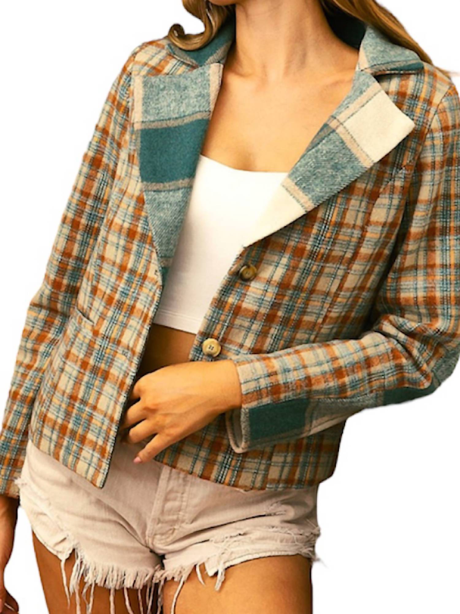 Bibi Vintage Plaid Jacket In Sage Multi