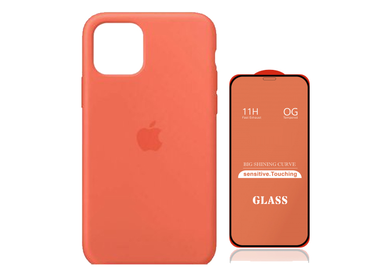 CASE SILICONA IPHONE 14  NARANJA + MICA DE VIDRIO COMPLETO