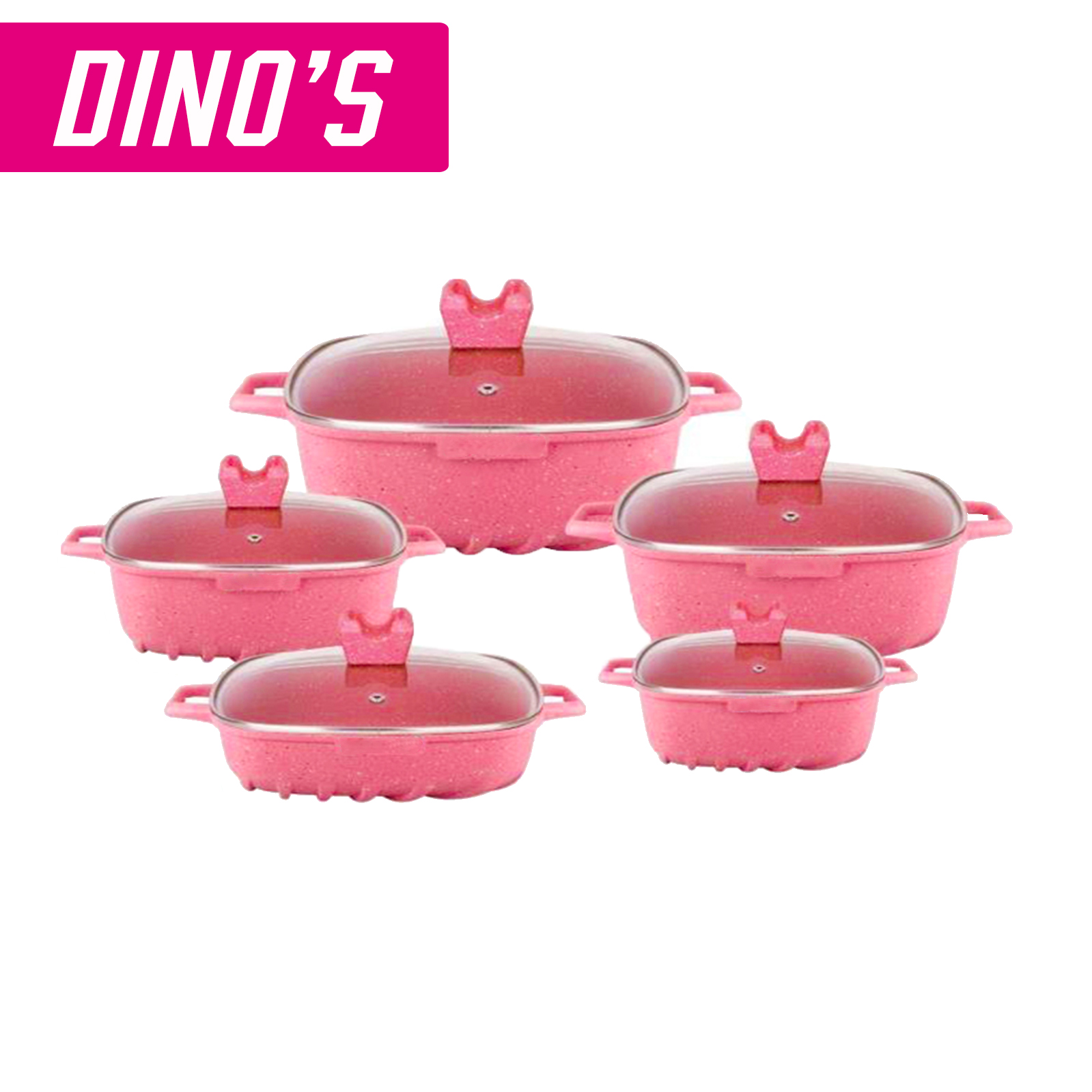 SET DE OLLAS CUADRADAS DINOS GRANITO ANTIADHERENTE ROSADO