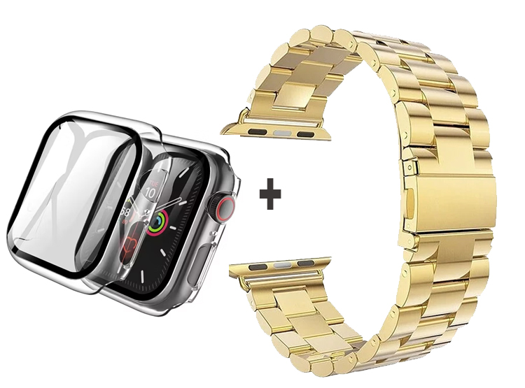 CORREA METALICA ESLABON PARA APPLE WATCH 42MM DORADO + BUMPER CON VIDRIO TRANSPARENTE