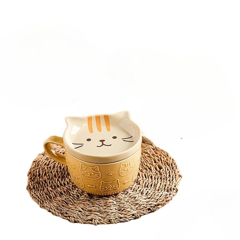 TAZA DE JUEGO CON PLATO DISEÑO DE ANIMALES KAWAI COLECCIONABLES GATO BEIGE