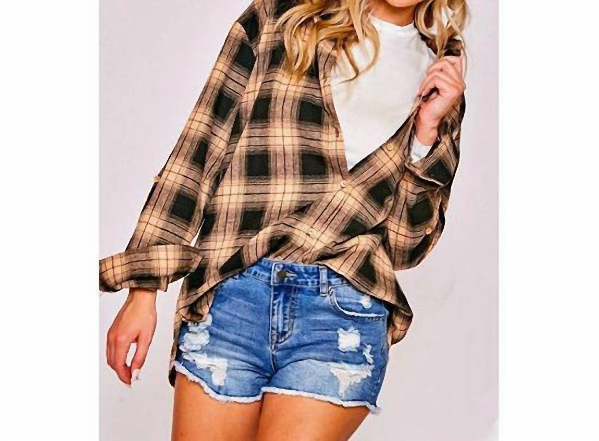 Vine & Love Plaid Button Down Top In Taupe And Black
