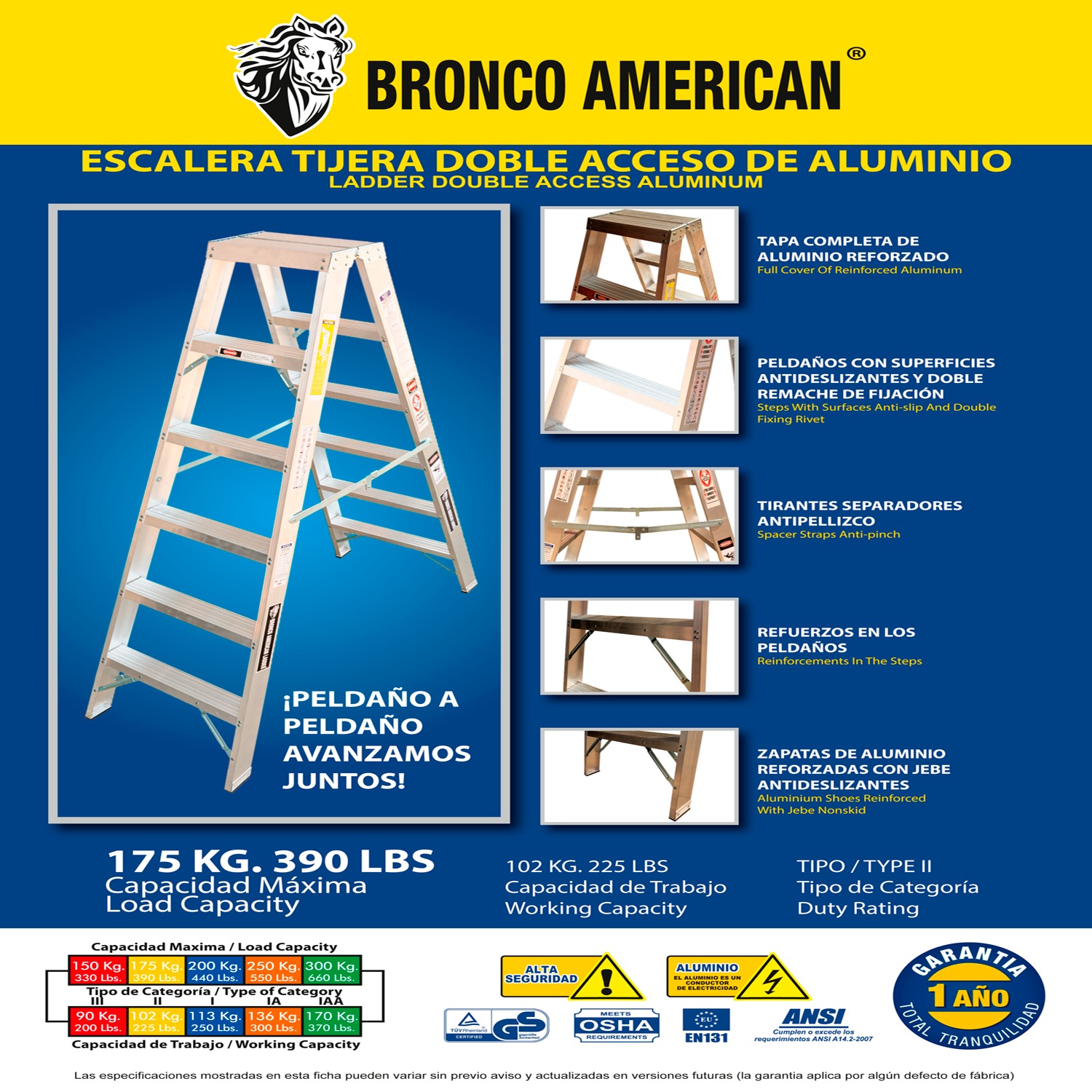 ESCALERA ALUMINIO STANDARD TIJERA DOBLE ASCENSO DE 8 PASOS CAPACIDAD DE CARGAR 175 KG - BRONCO AMERICAN
