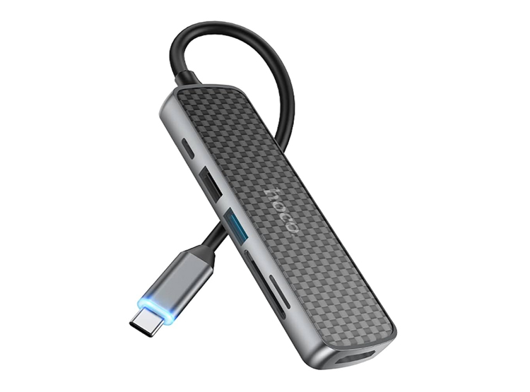 LECTOR MULTIPUERTO ADAPTADOR 6 EN 1 HOCO HB24 MULTIFUNCIÓN USB-C 60W - NEGRO