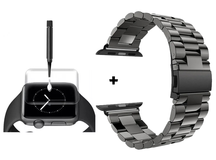 CORREA METALICA ESLABON PARA APPLE WATCH 45MM NEGRO + MICA UV COMPLETA