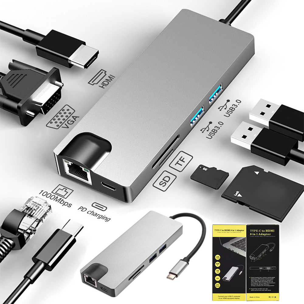 CONVERTIDOR SANTOFA ELECTRONICS TIPO C A HMDI 4K USB 3.0, LAN TIPO C VGA Y LECTOR DE TARJETAS 8 EN 1