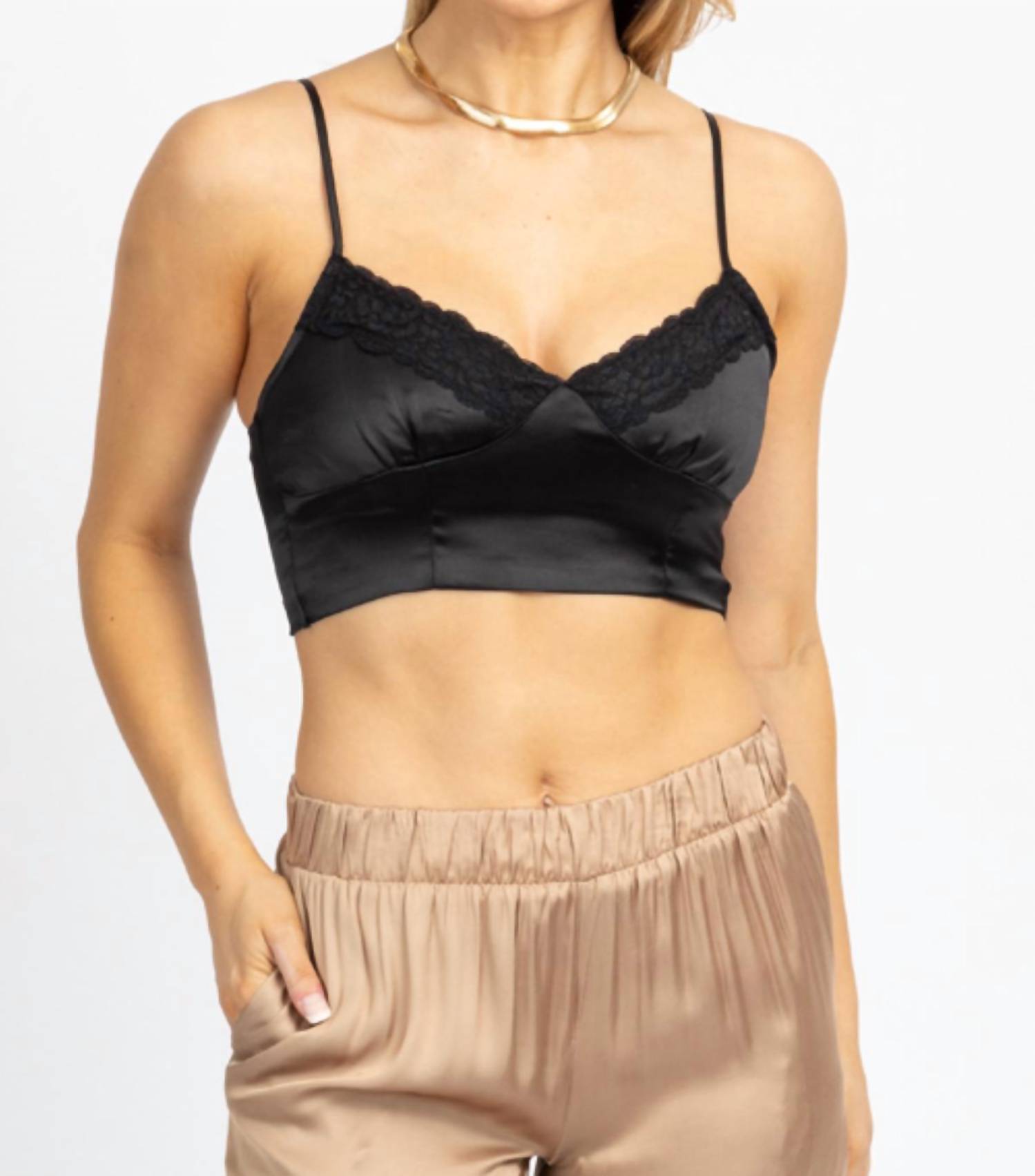 Hey Babe Satin Lace Crop Tank In Black