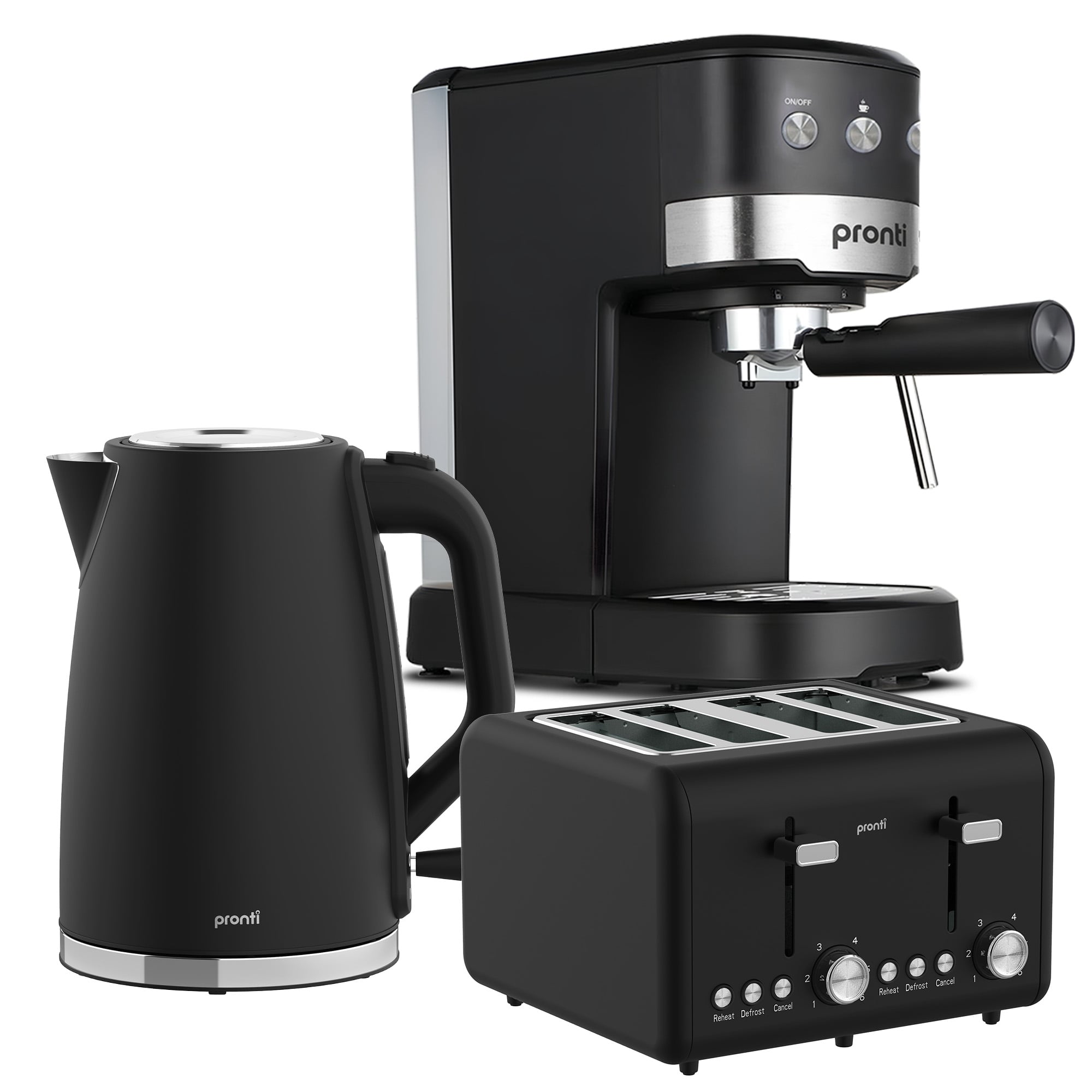 Pronti Breakfast Set with 1.25L Coffee Machine, Silver Noir Toaster & Kettle