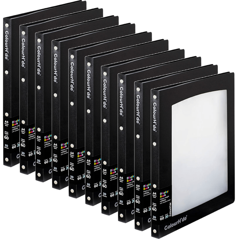 Colourhide Refillable Display Book 20 Pockets Medium Weight A4 Black/Clear 10 Pack