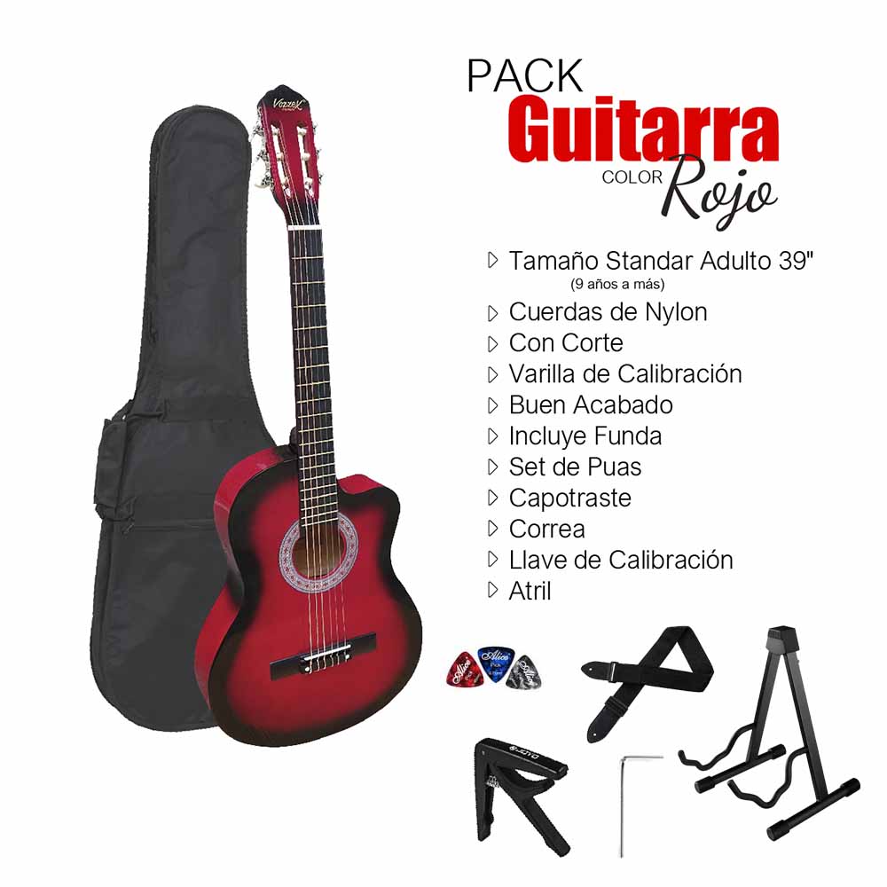 VOZZEX PACK DE GUITARRA ACUSTICA NYLON ROJA