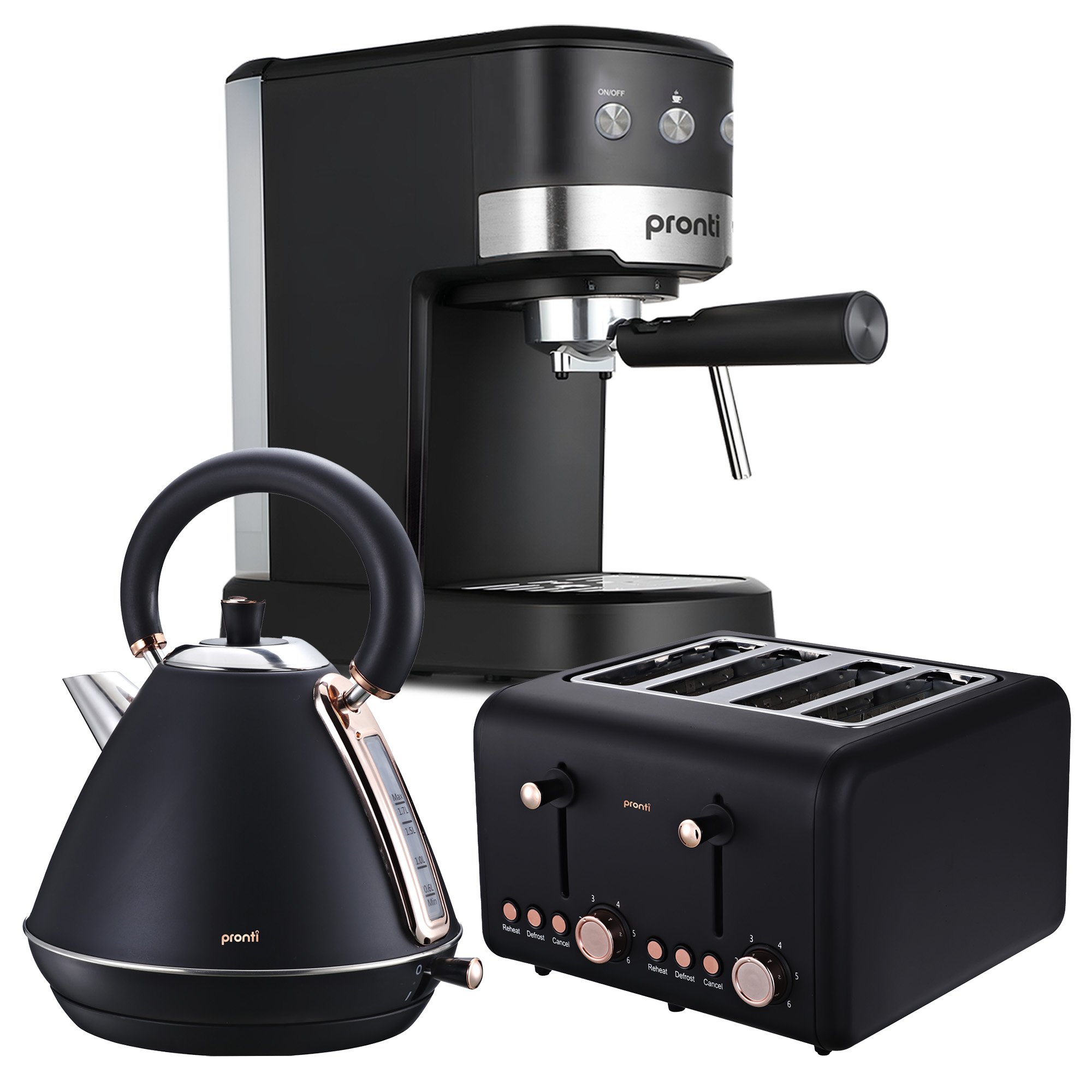 Pronti Breakfast Set with Rose Gold Kettle & Toaster with 1.2L Espresso Machine (Black)
