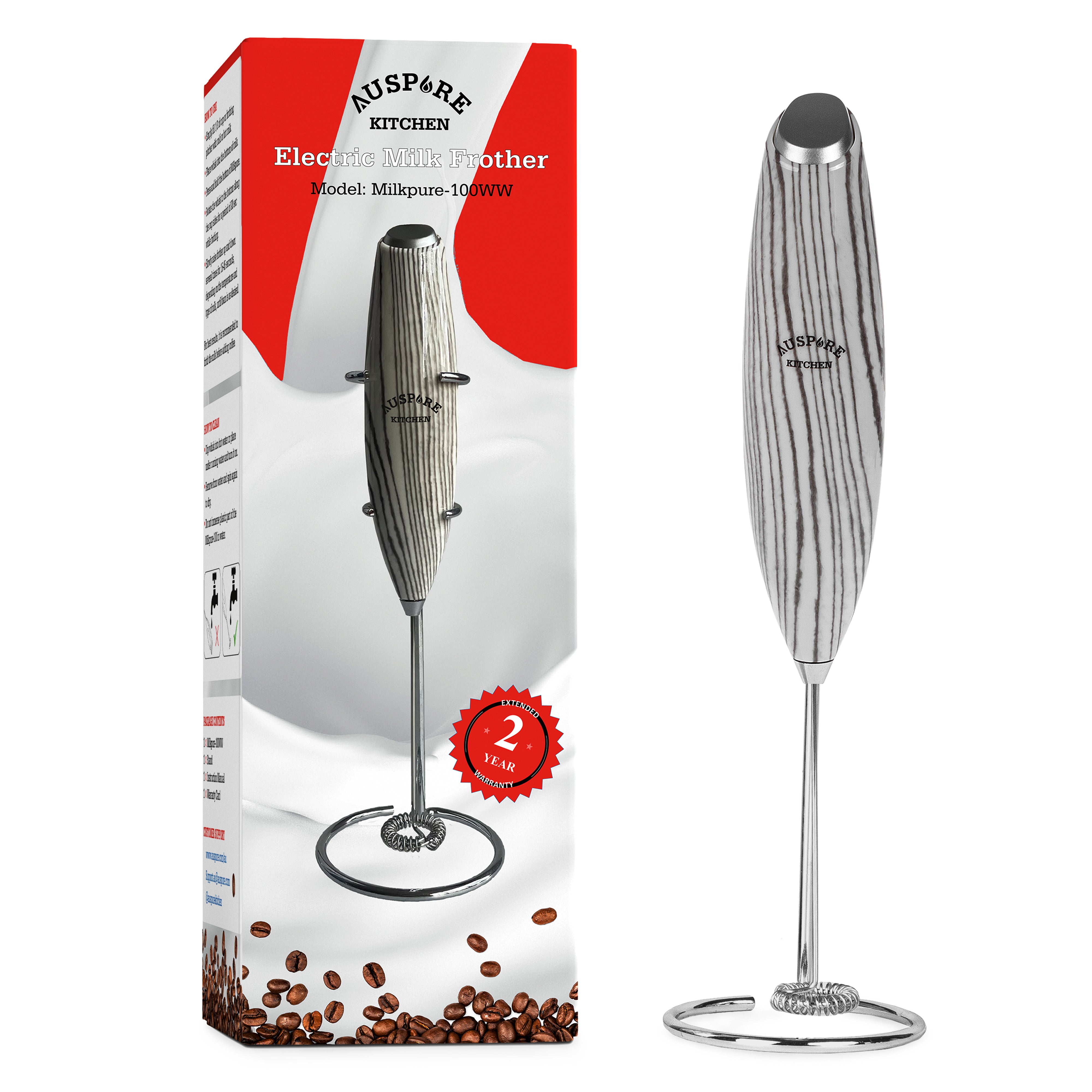 AUSPURE Milk Frother Handheld, Electric Whisk (White Wood)