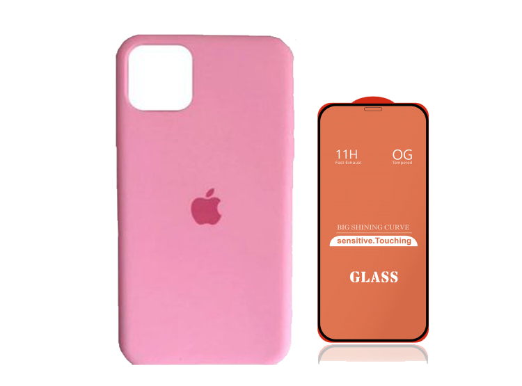 CASE SILICONA IPHONE 14 ROSA + MICA DE VIDRIO COMPLETO