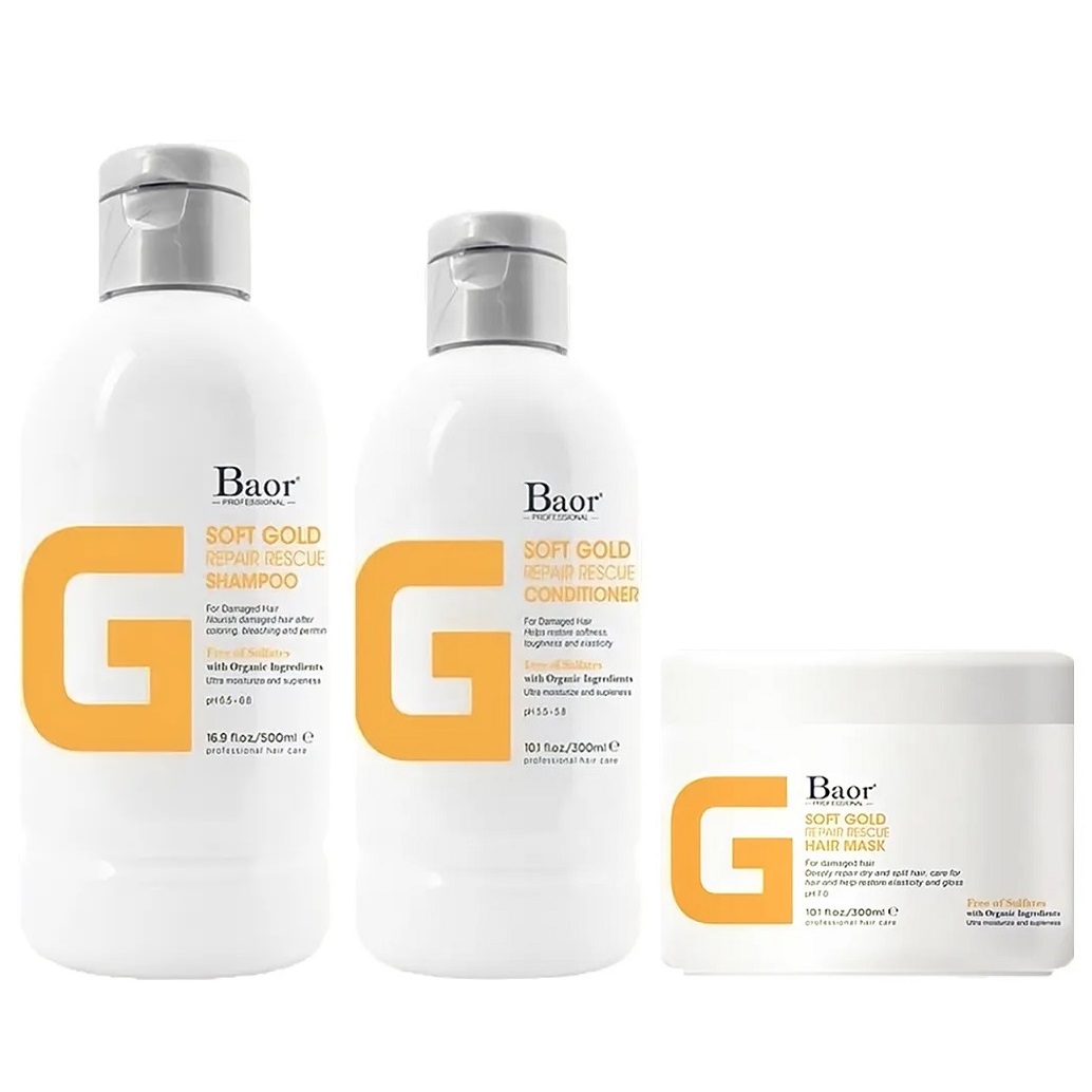 SHAMPOO REPARADOR + ACONDICIONADOR + MASCARILLA BAOR PROFESSIONAL G SOFT GOLD