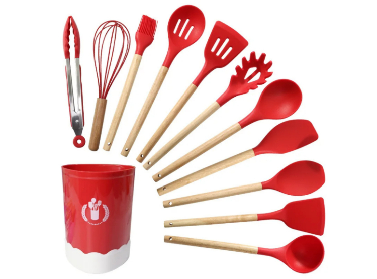 SET DE UTENSILIOS PARA COCINAS DE SILICONA MULTIFUNCIONAL POR 12 PZAS COLOR ROJO