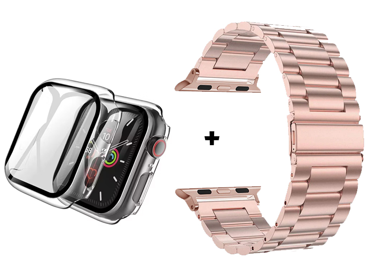 CORREA METALICA ESLABON PARA APPLE WATCH 45MM ROSA + BUMPER CON VIDRIO TRANSPARENTE