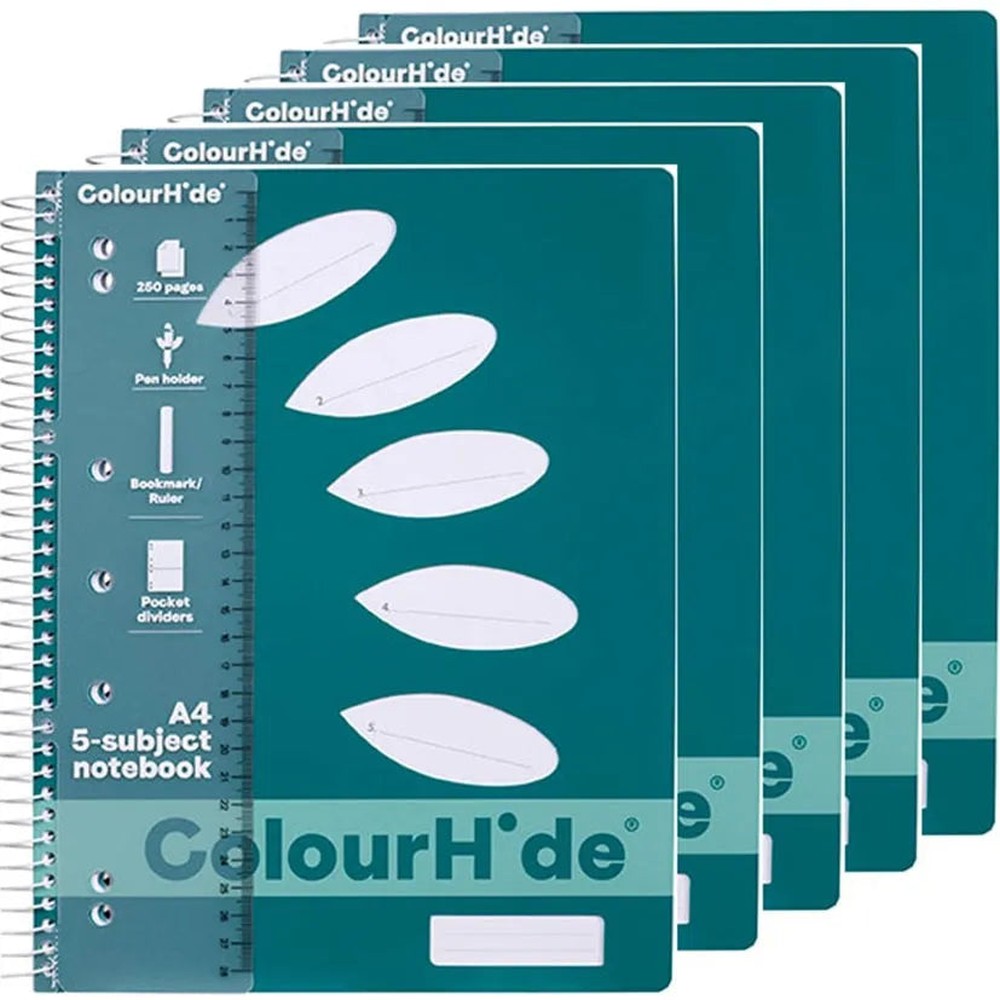 Colourhide 5 Subject Section Notebook 250 Page Book (A4) [Teal Green]
