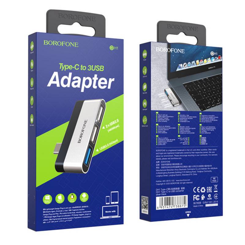 ADAPTADOR PUERTO HUB USB-C A 3 USB ALUMINIO DH1 BOROFONE