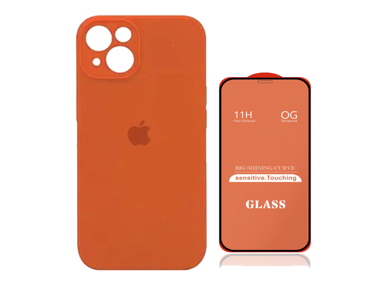 CASE SILICONA CON P/CÁMARA IPHONE 13  NARANJA + MICA DE VIDRIO COMPLETO