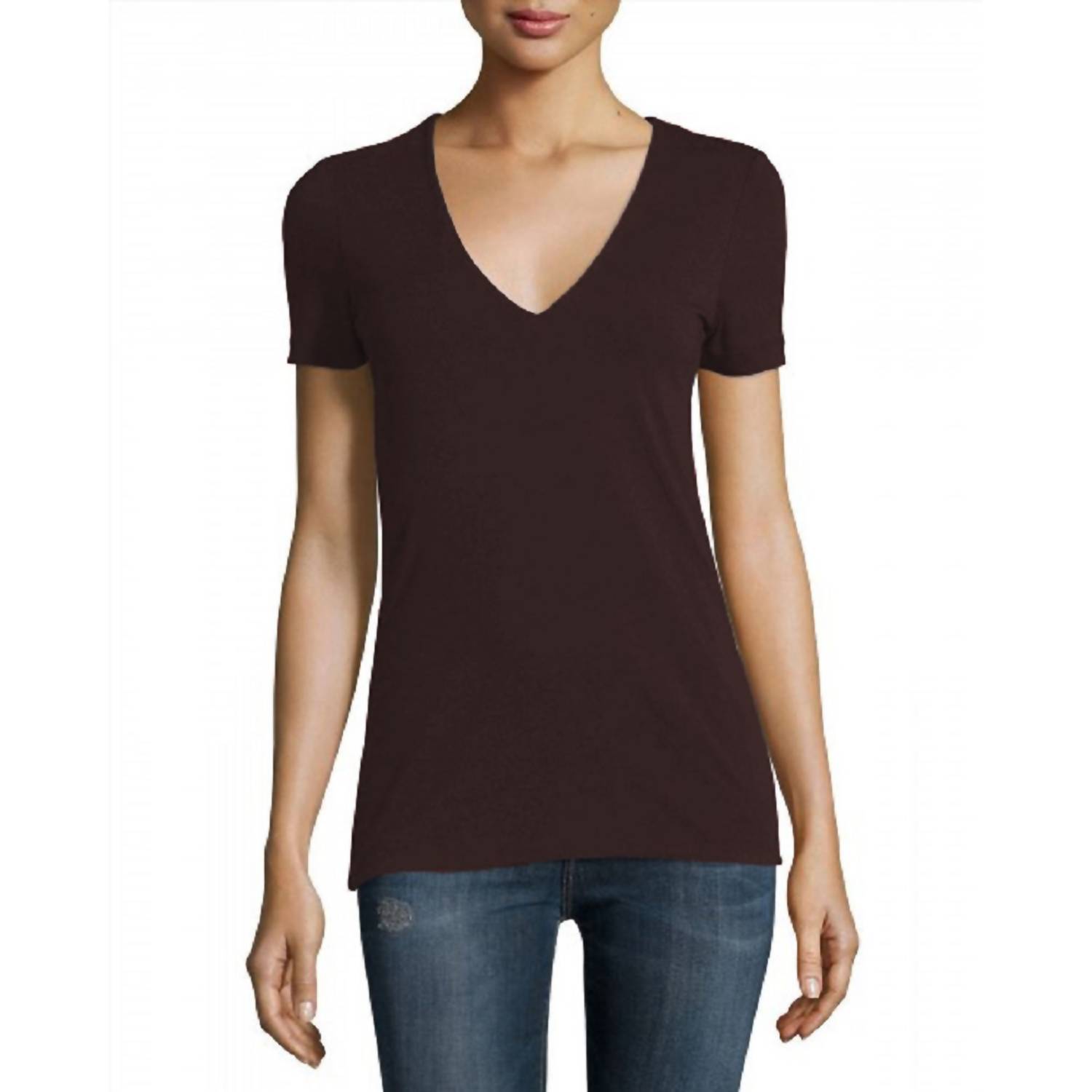 James Perse Women V-Neck Short Sleeve Cotton T-Shirt In Chocolate