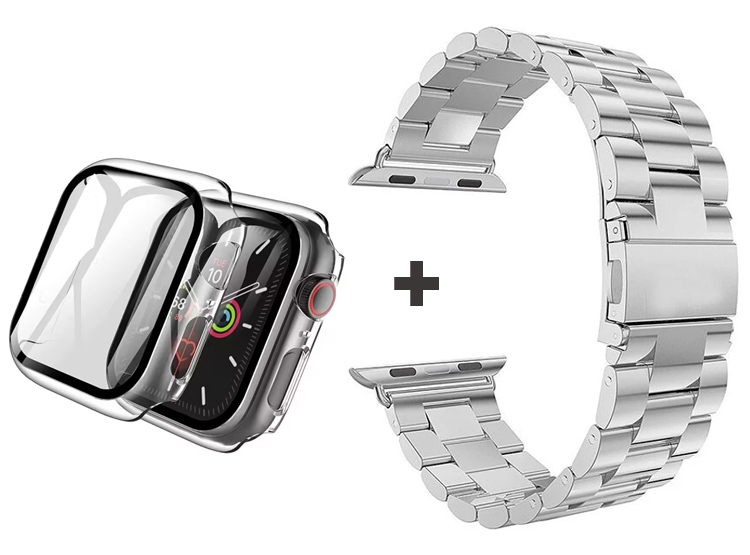 CORREA METALICA ESLABON PARA APPLE WATCH 41MM PLATA + BUMPER CON VIDRIO TRANSPARENTE